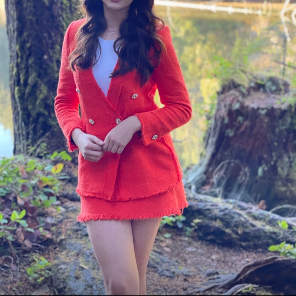 Zara Orange Tweed Blazer Skirt Suit - Size Small/Medium 4/6